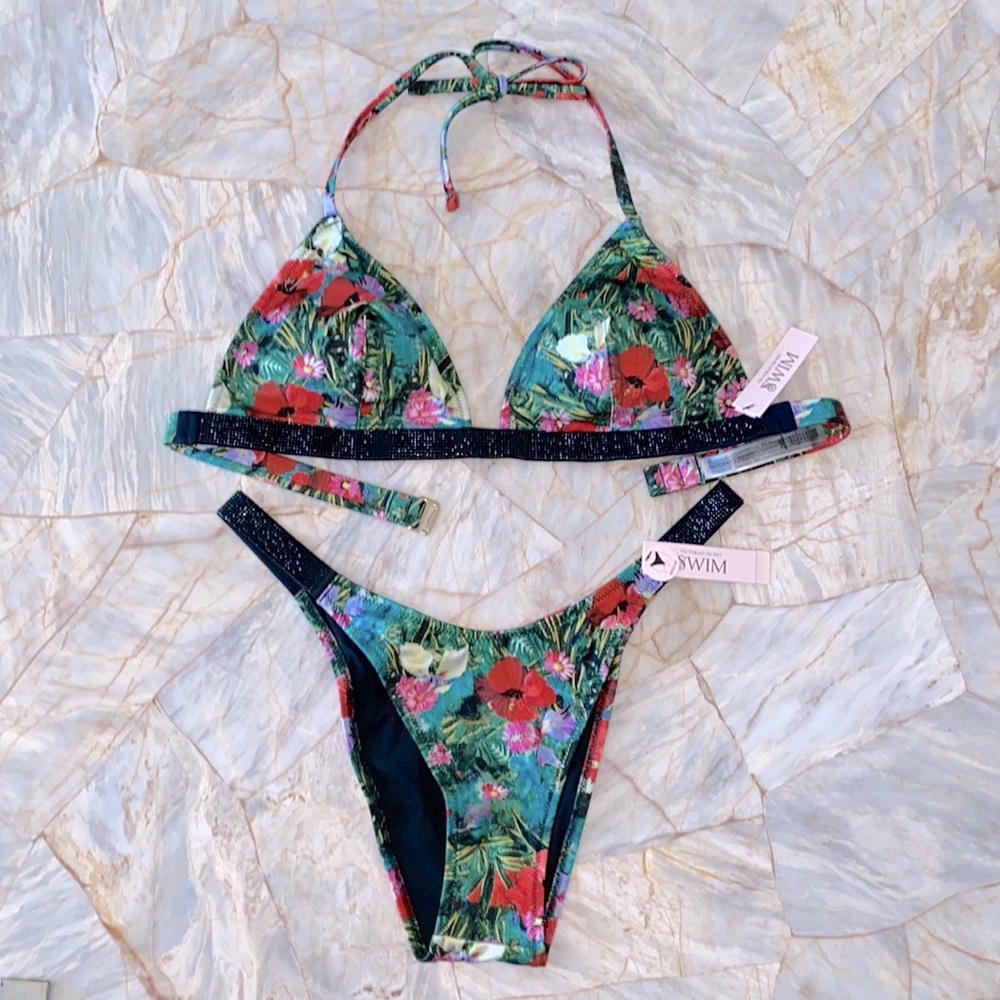 2 Pc Set Tropical Shine Swimsuit Large Top + Panty Brazilian Medium Bottoms